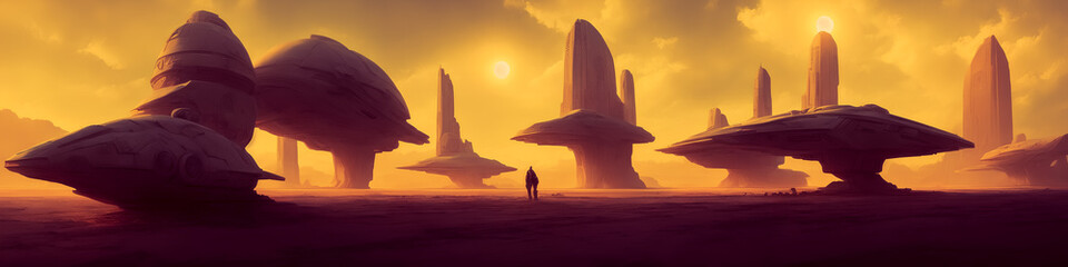 Wall Mural - Panoramic view of a planet featuring alien structures, sci-fi landscape.. Generative AI