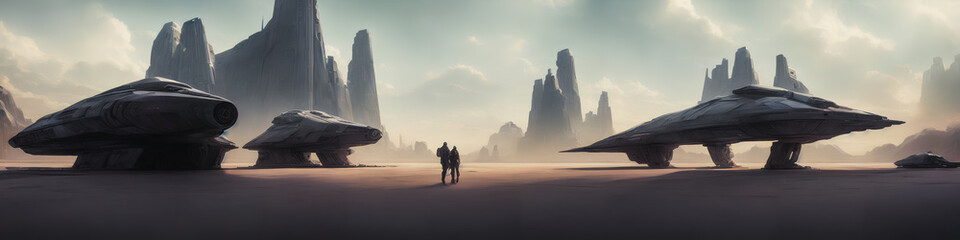 Wall Mural - Panoramic view of a planet featuring alien structures, sci-fi landscape.. Generative AI
