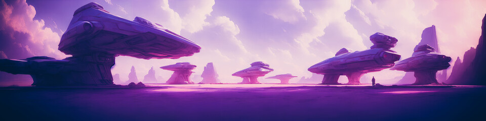 Wall Mural - Panoramic view of a planet featuring alien structures, sci-fi landscape.. Generative AI