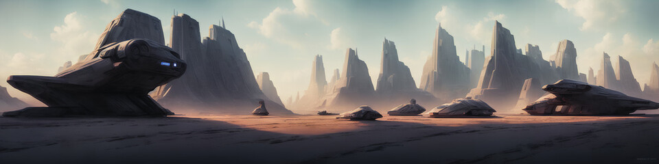 Wall Mural - Panoramic view of a planet featuring alien structures, sci-fi landscape.. Generative AI