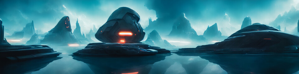 Wall Mural - Panoramic view of a planet featuring alien structures, sci-fi landscape.. Generative AI