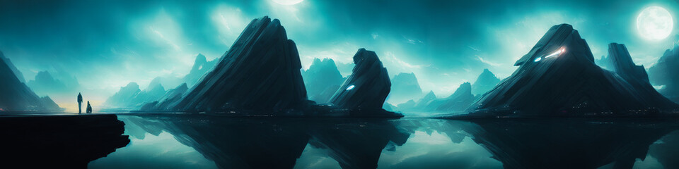 Wall Mural - Panoramic view of a planet featuring alien structures, sci-fi landscape.. Generative AI
