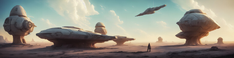 Wall Mural - Panoramic view of a planet featuring alien structures, sci-fi landscape.. Generative AI