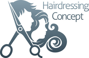 Wall Mural - Hairdresser or hair salon concept icon with silhouette man and woman and hairdressers scissors