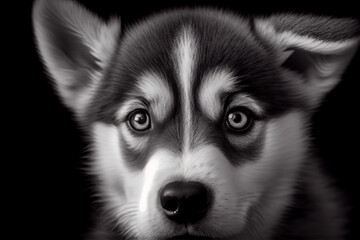 Wall Mural - Schwarz weiß Portrait von einem Husky als Welpe. Perfektes Wandbild - Generative Ai