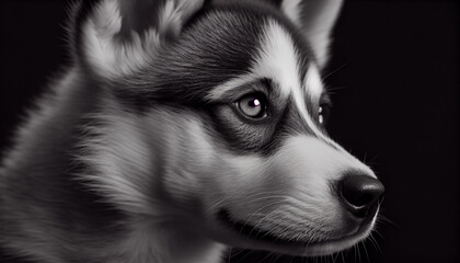 Wall Mural - Schwarz weiß Portrait von einem Husky als Welpe. Perfektes Wandbild - Generative Ai