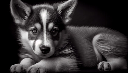 Wall Mural - Schwarz weiß Portrait von einem Husky als Welpe. Perfektes Wandbild - Generative Ai
