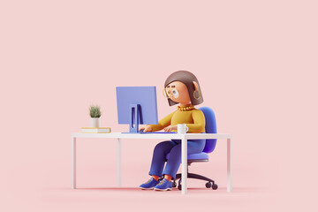Cartoon woman working in pc computer at home office, copy space