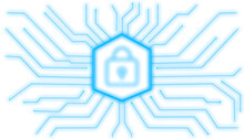 Cybersecurity Overlay Transparent Background. Blue Padlock With Connections And Wires Around For Technology Concept. Encrypted Password Vault Without Background For Compositing