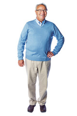 Wall Mural - A happy senior retired bank manager in formal wear standing and posing with his one hand on his waist isolated on a png background.