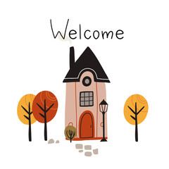 Wall Mural - Home sweet home. Decorative colorful house with trees: cute hand drawn card, print or poster. Simple modern flat style buildings with hand written text. Floral art for children with lettering.