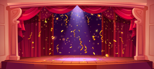 Wall Mural - theater stage with red curtain, light and confetti vector cartoon background. spotlight on retro sce