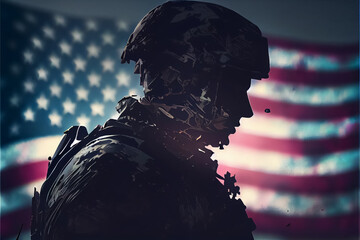 Wall Mural - ullustration of multiple exposure silhouette soldier and american flag . AI
