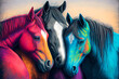 A group of horses standing together in a field, their heads close as they nuzzle each other affectionately, generative ai