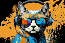 Cool Cat Pop Art Stock Photo: Sunglasses, Headphones, Music, DJ, Sound
