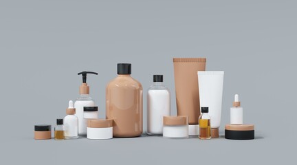 Wall Mural - skincare and beauty products on gray studio background 3d render