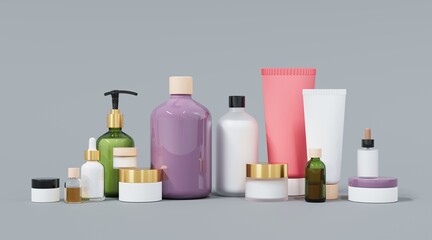 Wall Mural - skincare and beauty products on gray studio background 3d render