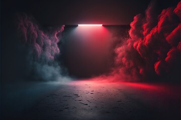 The dark stage shows, red background, an empty dark scene, neon light, spotlights The asphalt floor and studio room with smoke float up the interior texture for display products