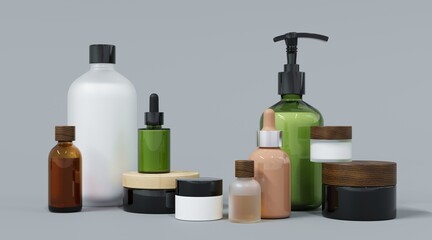 Wall Mural - skincare and beauty products on gray studio background 3d render