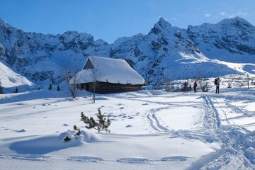 Poster - Beautiful winter scenery of Hala Gasienicowa (Valley Gasienicowa) withshepherd's hut in Tatras Mountains, Zakopane, Poland, Tatra National Park. 