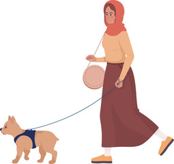 Sticker - Happy young woman walking dog on leash semi flat color vector character. Editable figure. Full body person on white. Simple cartoon style illustration for web graphic design and animation