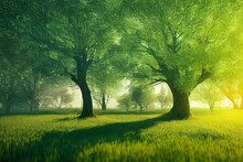 Spring Meadow With Big Tree With Fresh Green Leaves. Generative AI