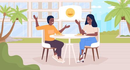 Wall Mural - Eating dinner together flat color vector illustration. Bonding time. Mother with son talking and joking over meal. Fully editable 2D simple cartoon characters with cityscape on background