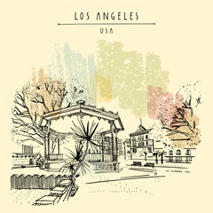 Wall Mural - Vector LA, California, USA postcard. Hand drawn vintage Los Angeles poster. Old plaza in historical Spanish quarter - El Pueblo de Los Angeles near Our Lady of Los Angeles church