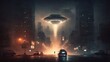 UFO hovering over city, bright lights, tense atmosphere, noir-style illustration, shadows, muted colors, ai generative