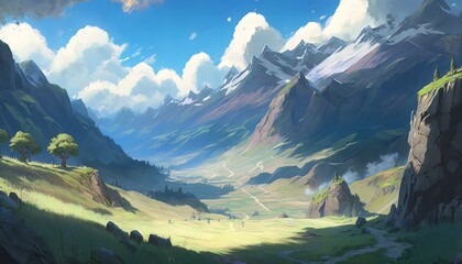 Wall Mural - Mountain valley landscape background. Grass hill beautiful scenery. Generative AI technology.