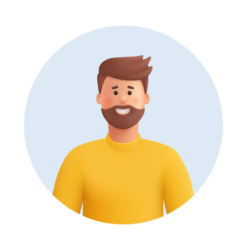 Wall Mural - Young smiling man avatar. Man with brown beard, mustache and hair, wearing yellow sweater or sweatshirt. 3d vector people character illustration. Cartoon minimal style.