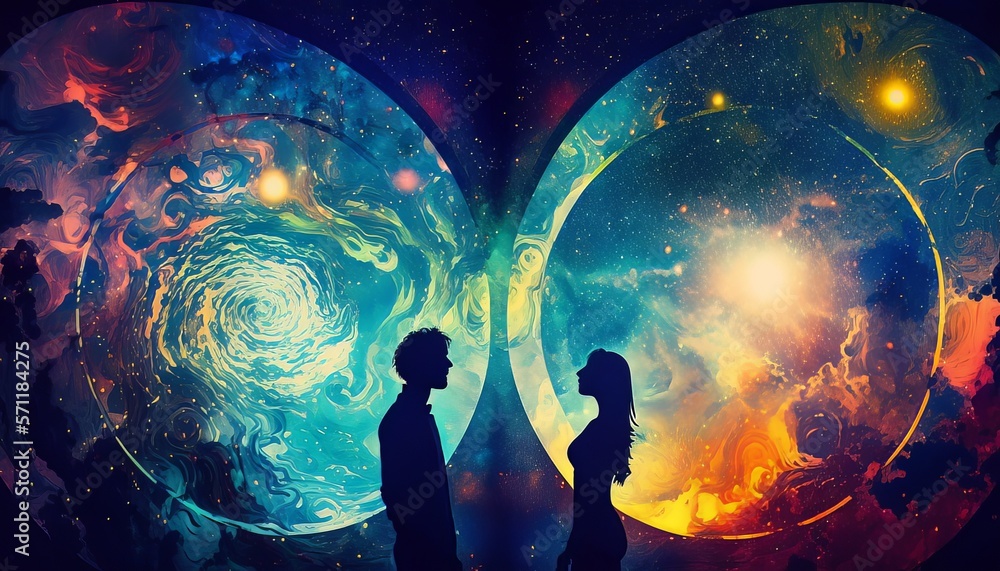 Man and woman silhouettes facing each other design with fantasy cosmic ...