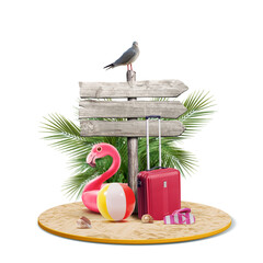 Wall Mural - Wooden signpost and beach accessories on the sand