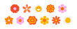 Large set of retro flowers 60s-70s. Smiling face. Collection of different flowers in a hippie style. Vector illustration isolated on a white background