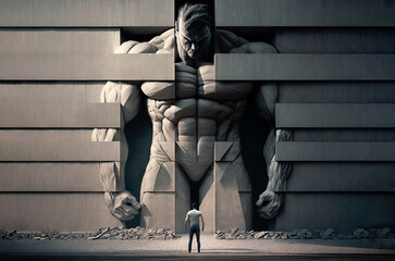 Unrecognizable little man in front of muscular and defiant giant man coming out of a stone wall. Concept of human overcoming problems and fear. Generative AI.