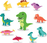 Fototapeta Dinusie - Set of Vector illustration of dinosaurs including Stegosaurus, Brontosaurus, Velociraptor, Triceratops, Tyrannosaurus rex, Spinosaurus, and Pterosaurs.