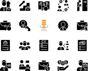 Poster - Hiring black glyph icons set on white space. Recruitment process. Company employee. Apply for position. Career development. Silhouette symbols. Solid pictogram pack. Vector isolated illustration