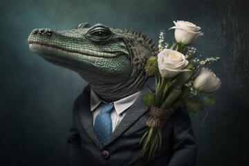 Crocodile Animal, dressed in a suit and tie, holding a bouquet of flowers. The image depicts a romantic and elegant figure, blending human and animal traits. Ai generated