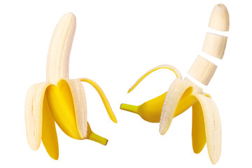 Wall Mural - A set of bananas, whole, peeled, chopped. Isolated on white background.