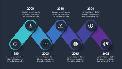 Timeline infographic with 7 elements template for web on a black background, business, presentation, vector illustration