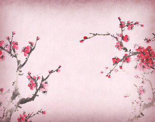  Traditional chinese painting Spring plum blossom on Old vintage paper background