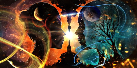 Wall Mural - esoteric love psychedelic world earth and sun light flares on cosmic space wan with girl silhouette 