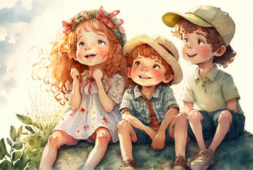 Wall Mural - Cute children sitting on the bench in the park. Digital watercolor painting