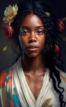 Romantic Portrait Of A Young Black Woman With Long Flowing Hair And Red Flowers Generative AI