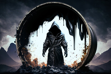 Wall Mural - concept of grim reaper emerging from oil barrel