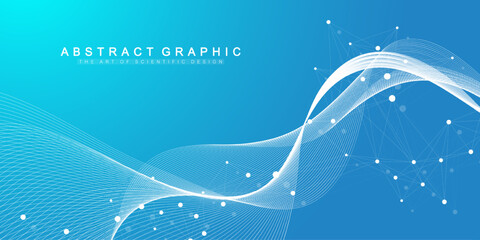 Wall Mural - Digits abstract background with connected line and dots, wave flow. Digital neural networks. Network and connection background for your presentation. Graphic polygonal background. Vector illustration.