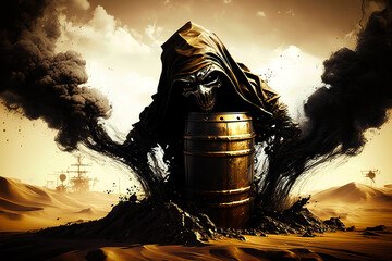 Wall Mural - concept of grim reaper emerging from oil barrel