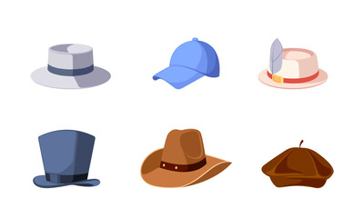 Variety Of Hats In Different Colors And Styles, Including Baseball Cap, Retro Top Hat And Fedora. Graphics Collection