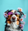 © Ljuba3dArt - Abstract animal portrait of a dog with sunglasses covered with fresh, spring flowers. A dog dressed as a hipster for a music festival. Illustration, Generative AI.