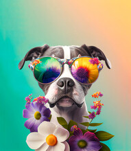 Abstract Animal Portrait Of A Dog With Sunglasses Covered With Fresh, Spring Flowers. A Dog Dressed As A Hipster For A Music Festival. Illustration, Generative AI.